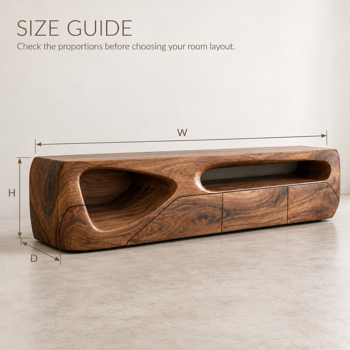 Iverley Sculptural Solid Wood TV Stand - Design 144 - size guide