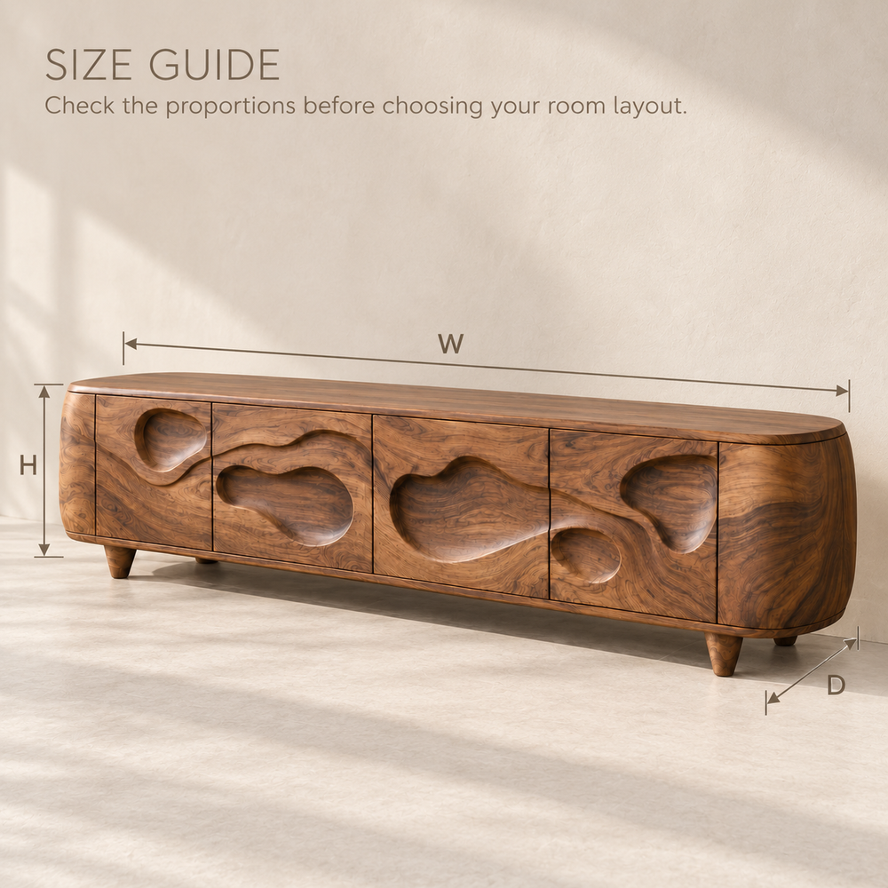 Juniper Sculptural Solid Wood TV Stand - Design 145 - size guide