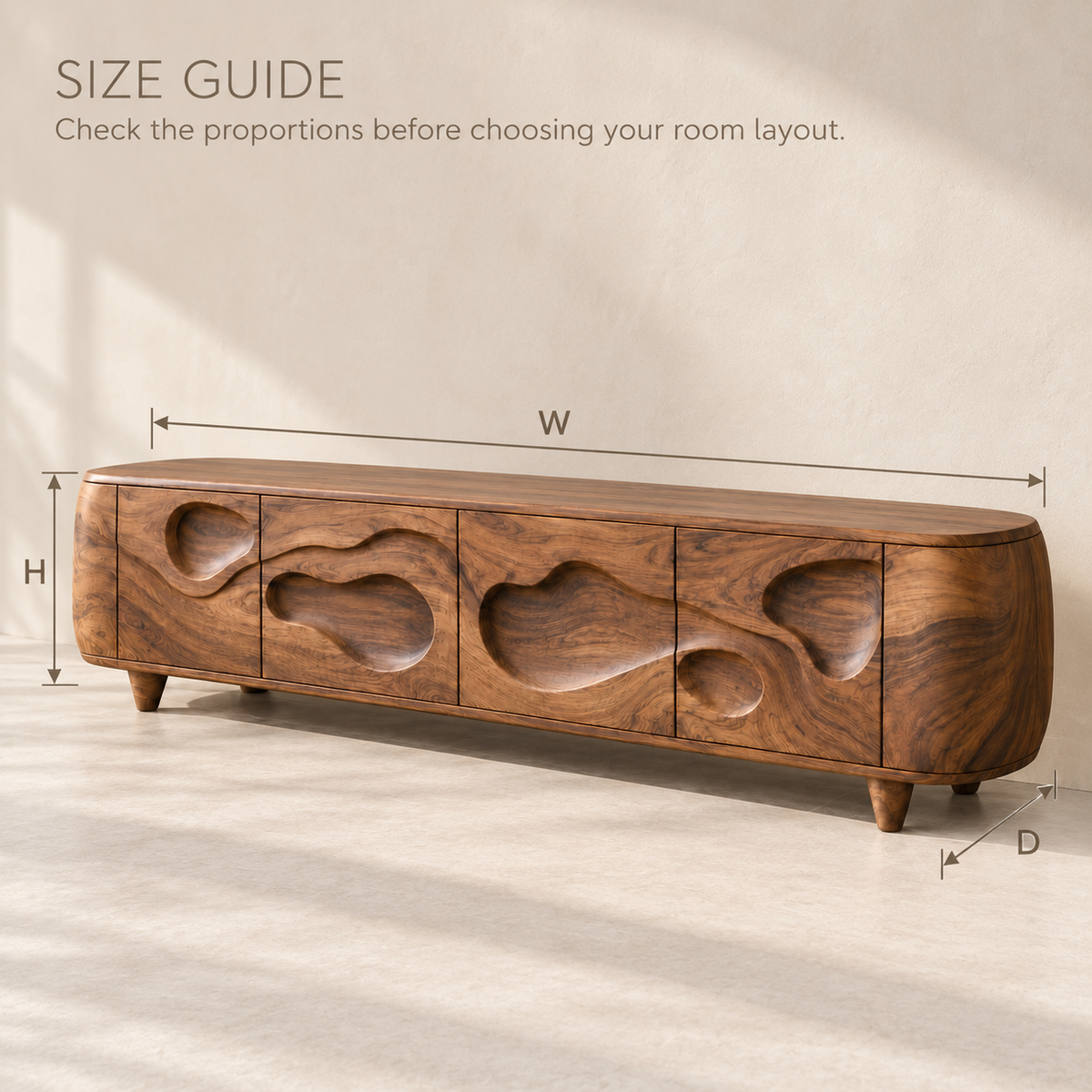 Juniper Sculptural Solid Wood TV Stand - Design 145 - size guide