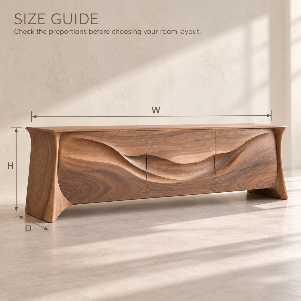 Kingsley Sculptural Solid Wood TV Stand - Design 146 - size guide