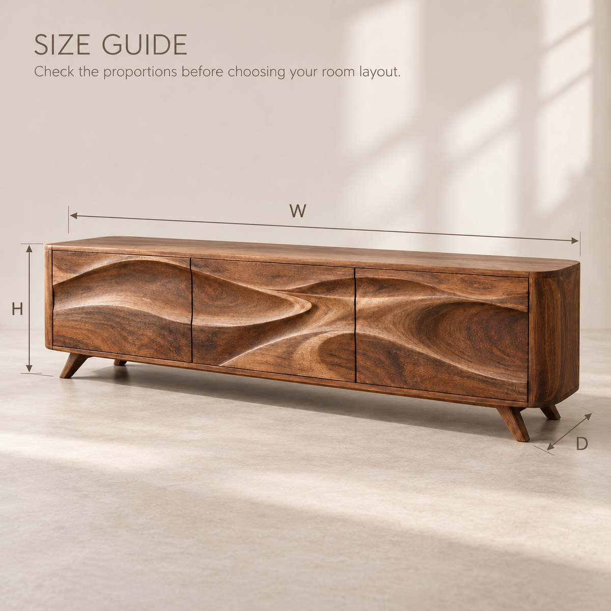 Marwick Sculptural Solid Wood TV Stand - Design 148 - size guide