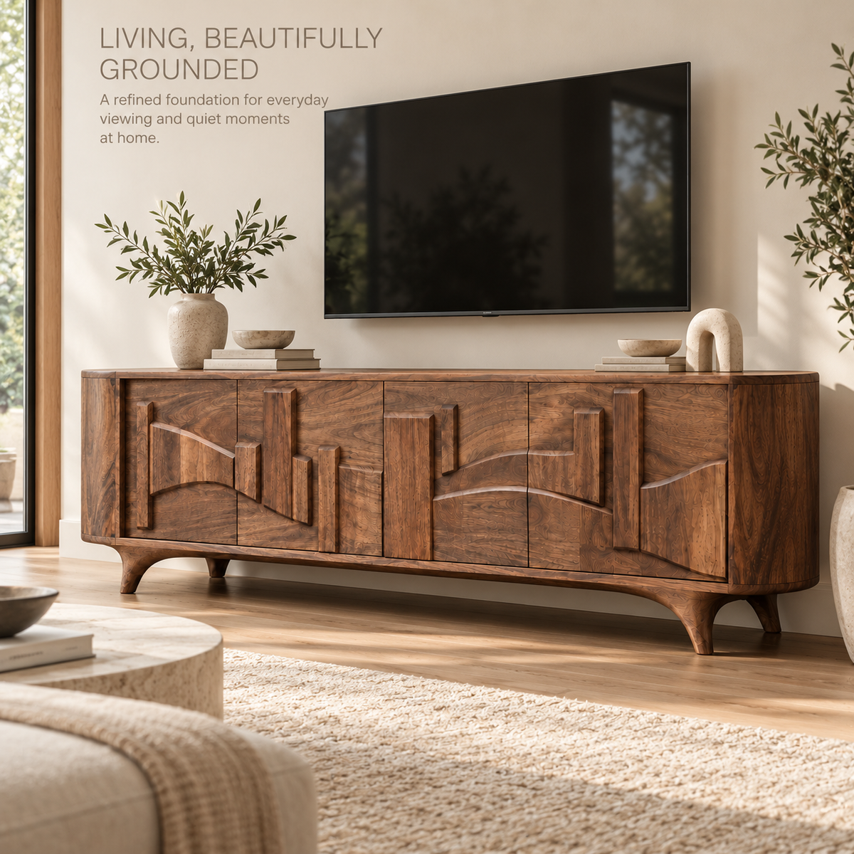 Oakmere Sculptural Solid Wood TV Stand - Design 150 - product detail 1