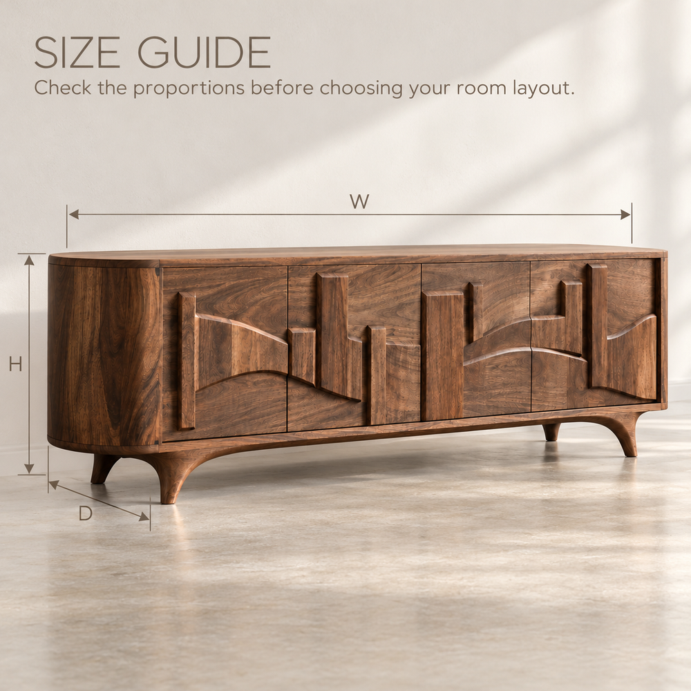 Oakmere Sculptural Solid Wood TV Stand - Design 150 - size guide