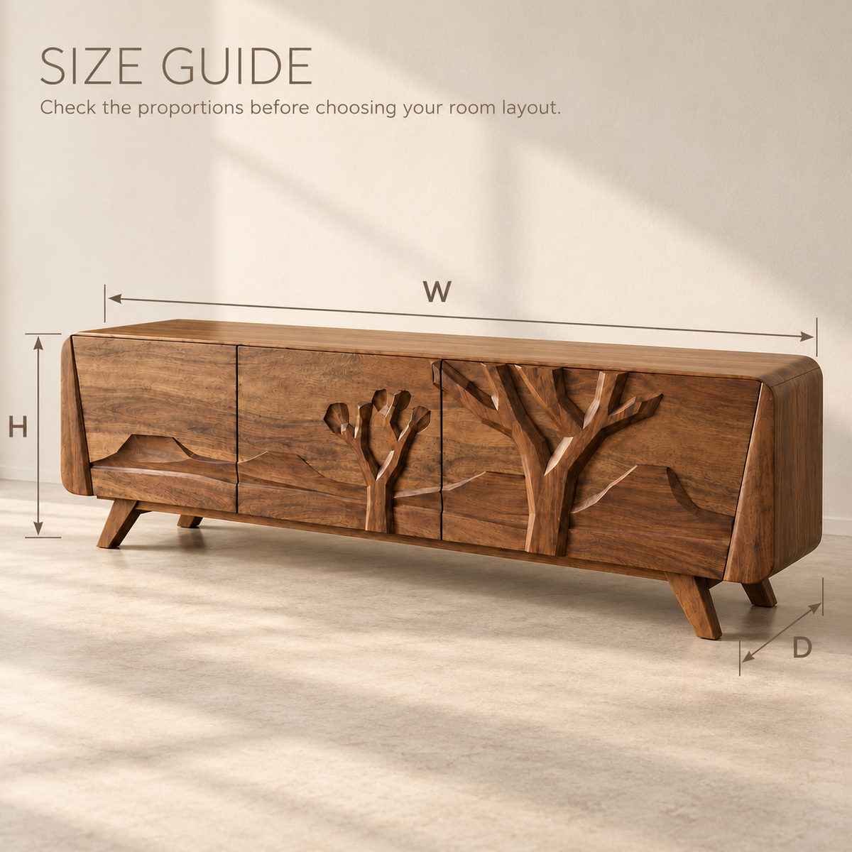 Quenby Sculptural Solid Wood TV Stand - Design 152 - size guide