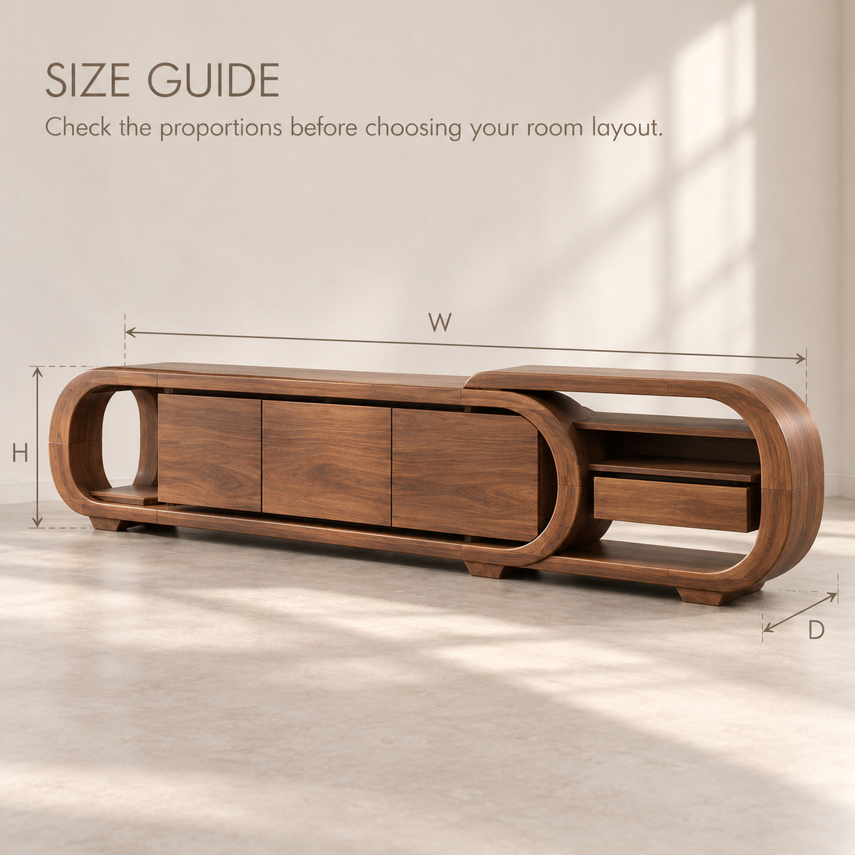 Ridgewell Sculptural Solid Wood TV Stand - Design 153 - size guide
