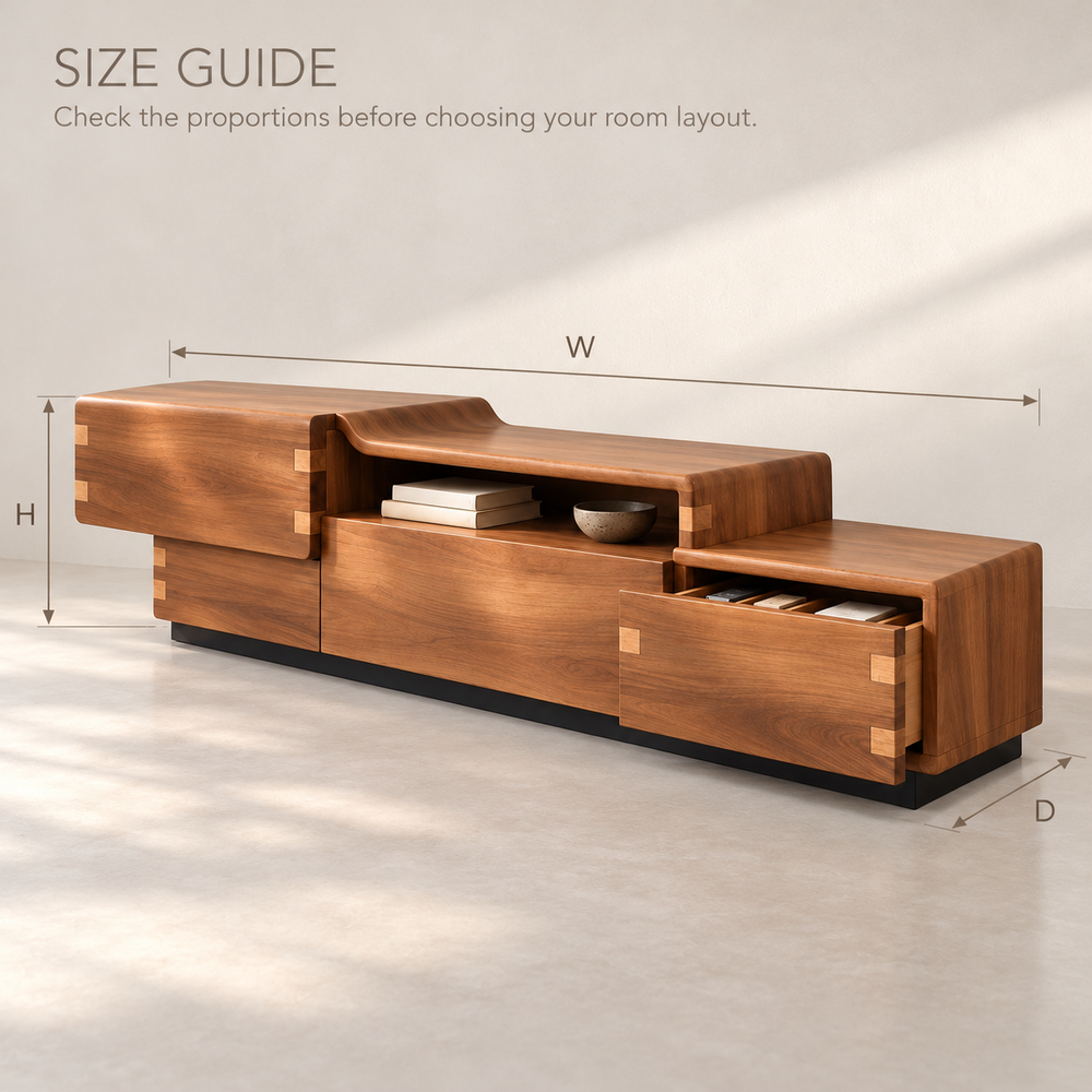Stoneleigh Sculptural Solid Wood TV Stand - Design 154 - size guide