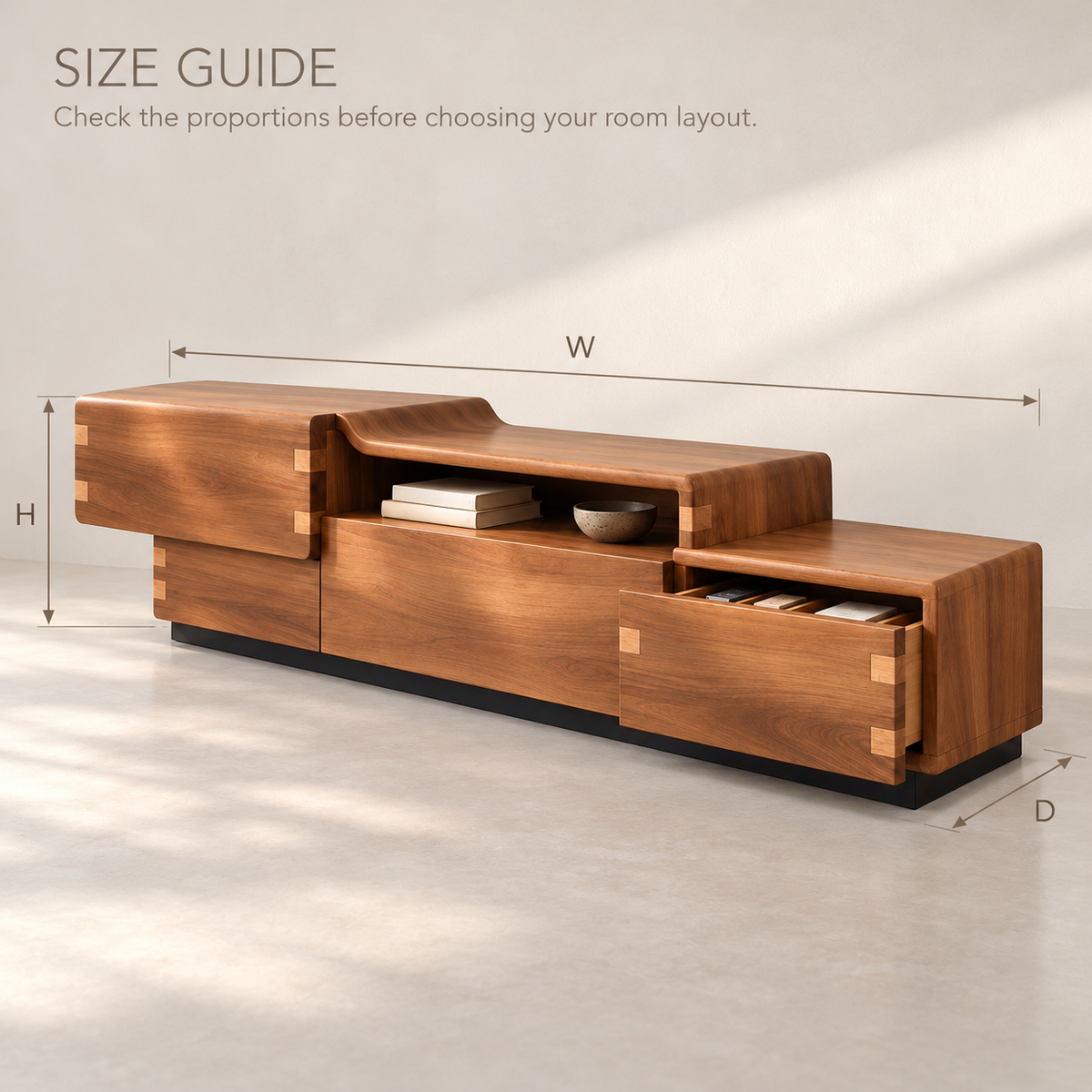 Stoneleigh Sculptural Solid Wood TV Stand - Design 154 - size guide