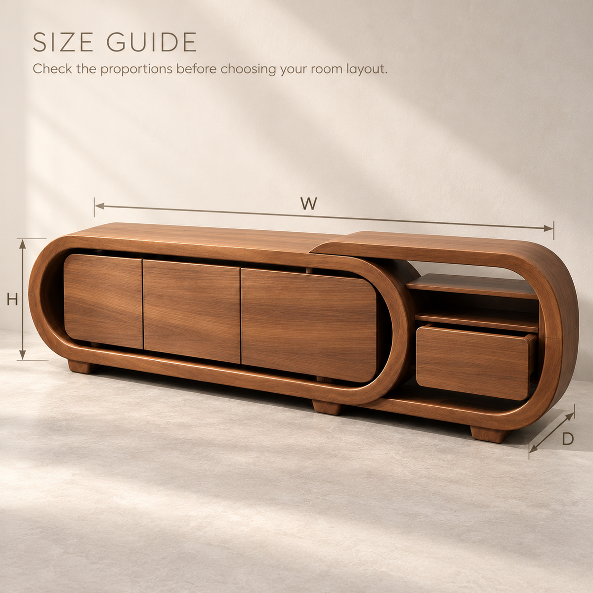 Upton Sculptural Solid Wood TV Stand - Design 156 - size guide