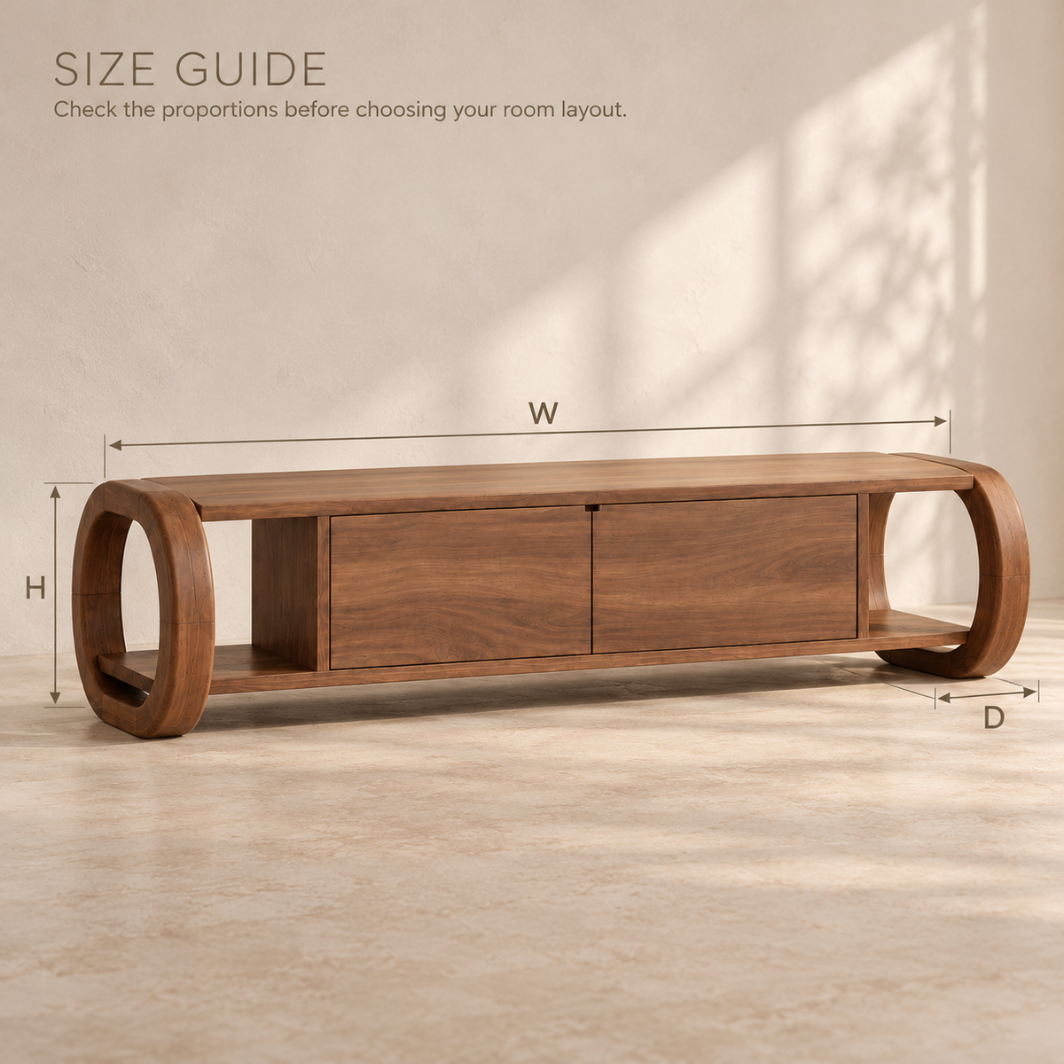 Westmere Sculptural Solid Wood TV Stand - Design 158 - size guide