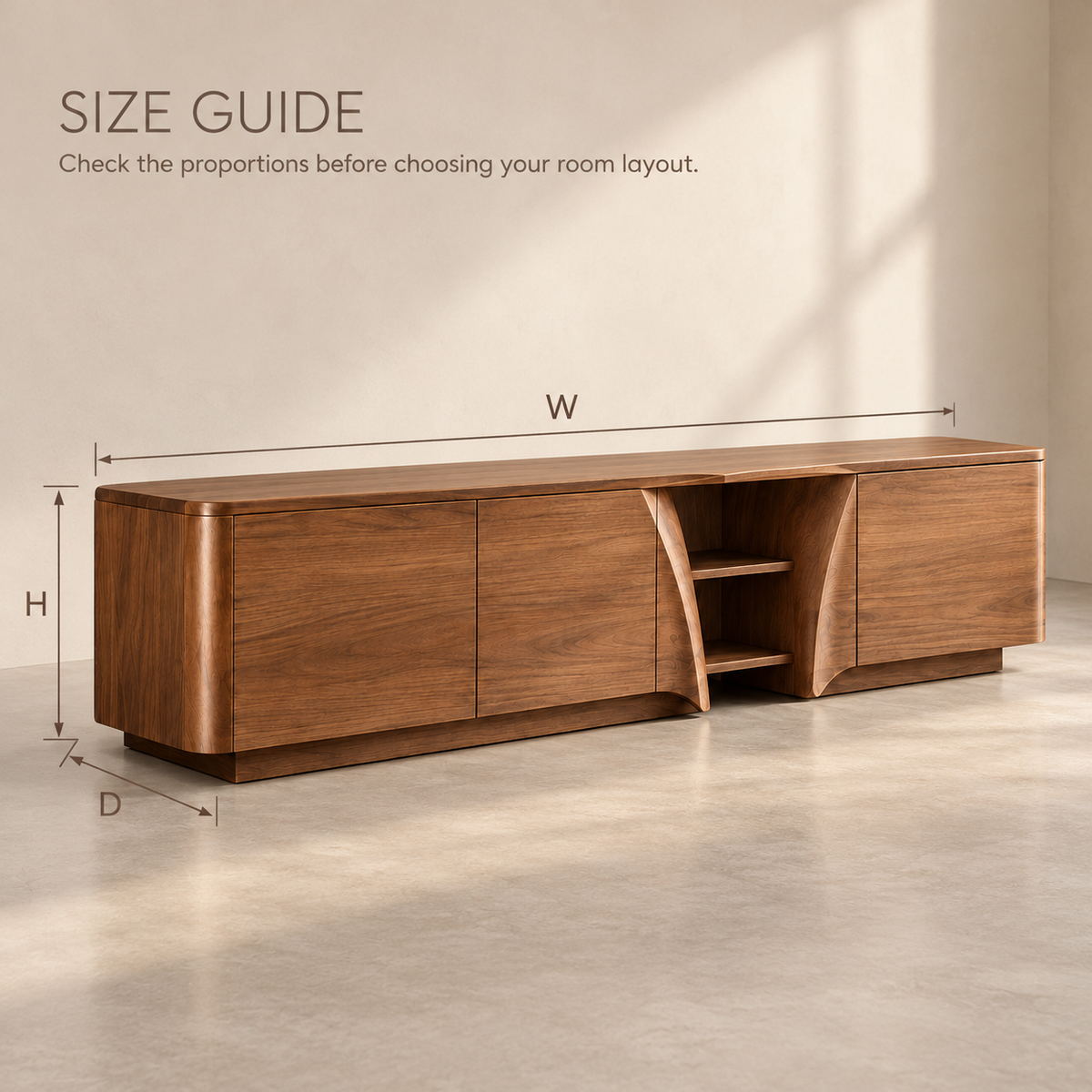 Bracken Sculptural Solid Wood TV Stand - Design 160 - size guide