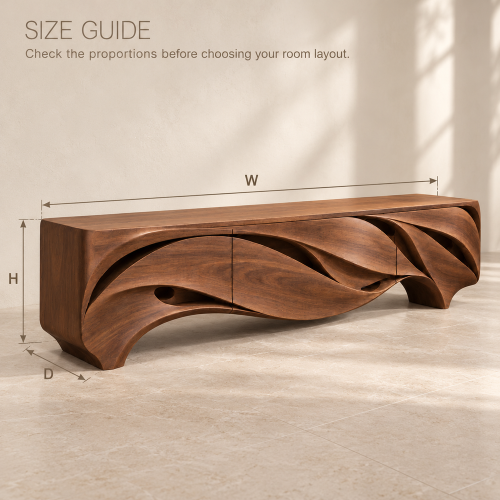 Greystone Sculptural Solid Wood TV Stand - Design 165 - size guide