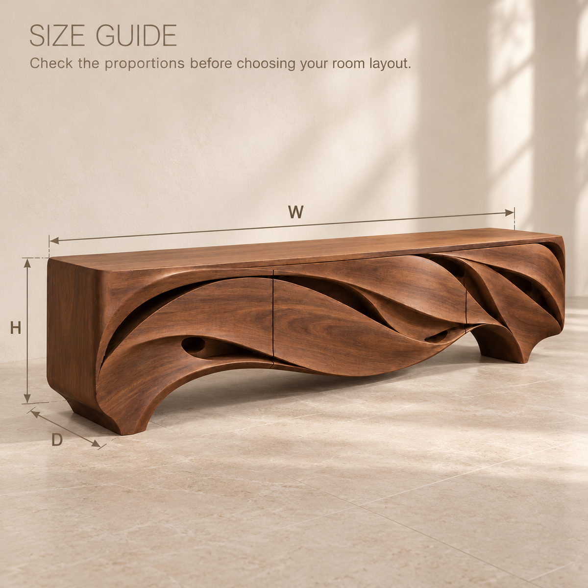 Greystone Sculptural Solid Wood TV Stand - Design 165 - size guide