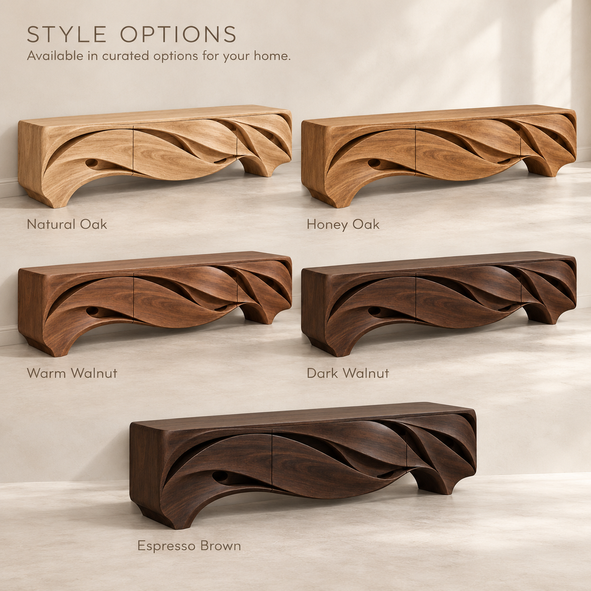 Greystone Sculptural Solid Wood TV Stand - Design 165 - wood finish options