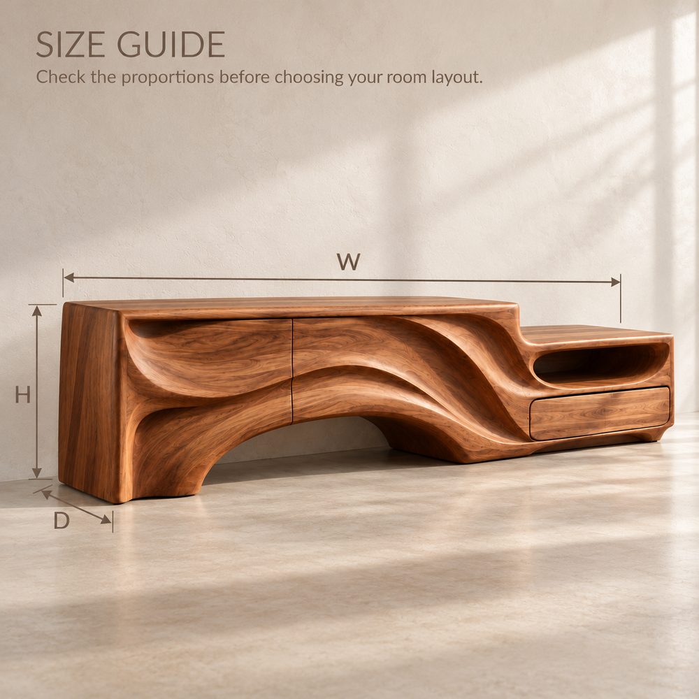 Huxley Sculptural Solid Wood TV Stand - Design 166 - size guide