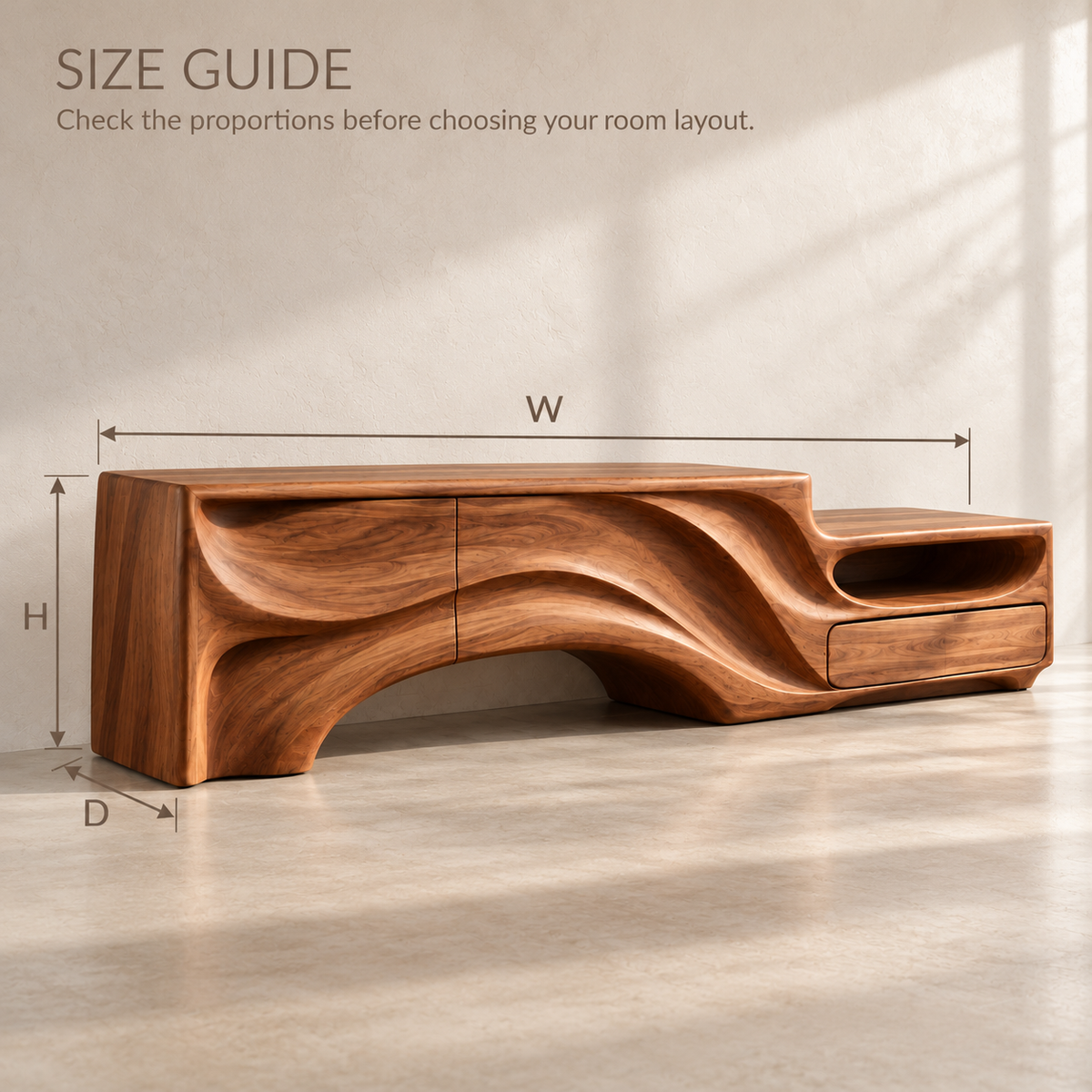 Huxley Sculptural Solid Wood TV Stand - Design 166 - size guide