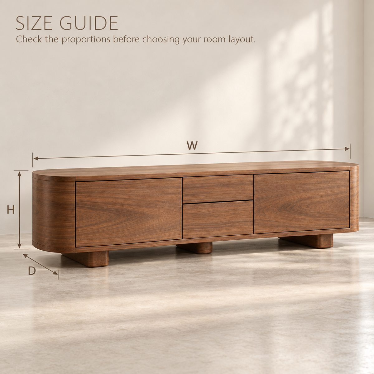 Penrose Sculptural Solid Wood TV Stand - Design 173 - size guide