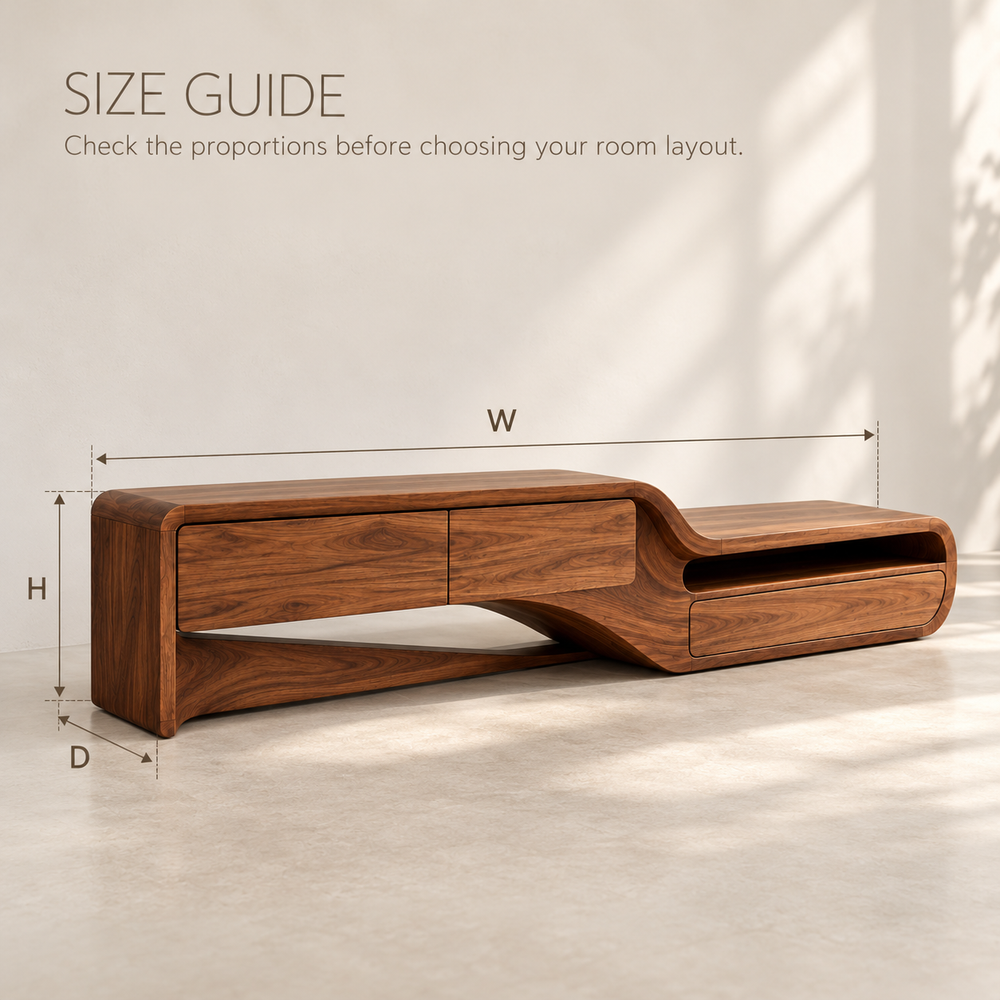 Rosewood Sculptural Solid Wood TV Stand - Design 175 - size guide