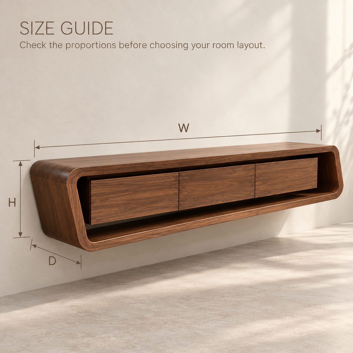 Valewood Floating Solid Wood TV Stand - Design 179 - size guide