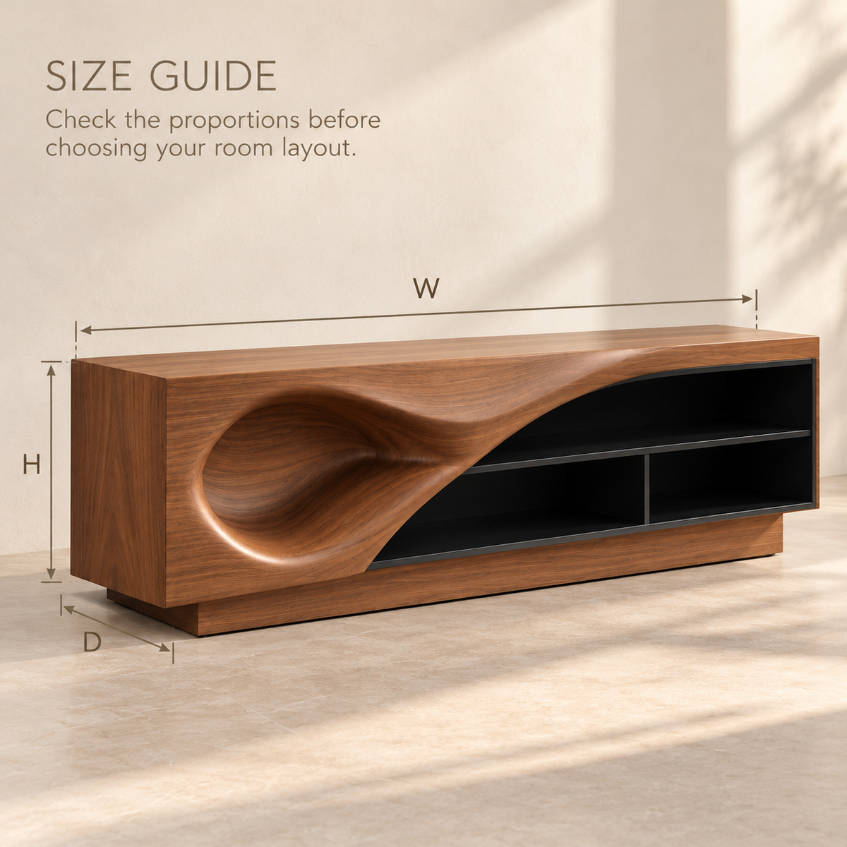 Brookmere Sculptural Solid Wood TV Stand - Design 182 - size guide