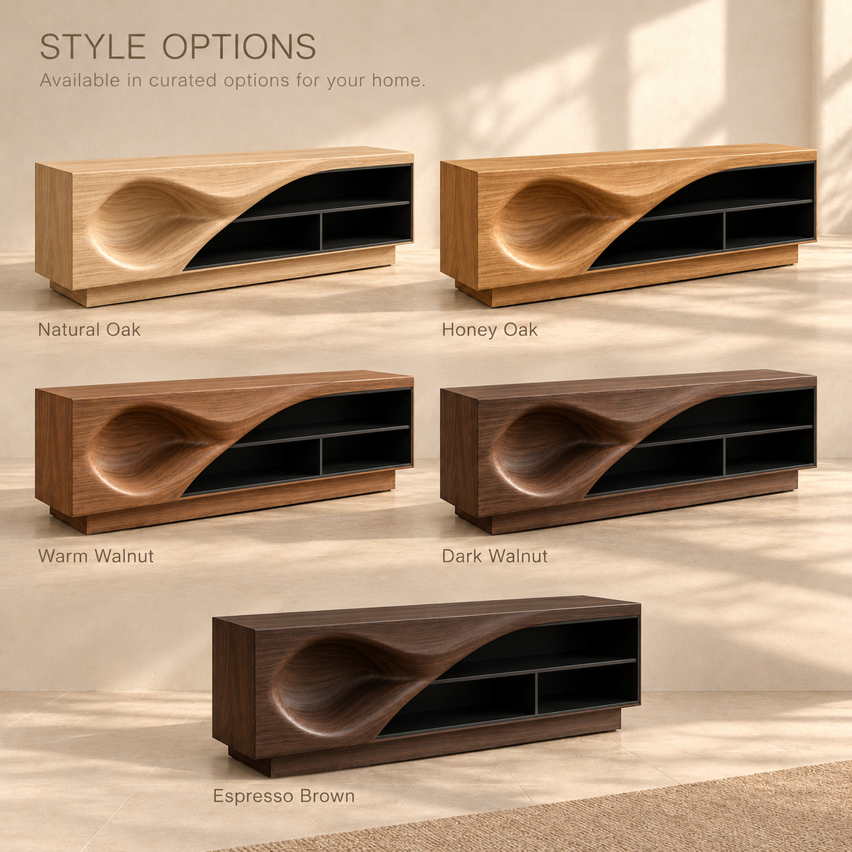 Brookmere Sculptural Solid Wood TV Stand - Design 182 - wood finish options