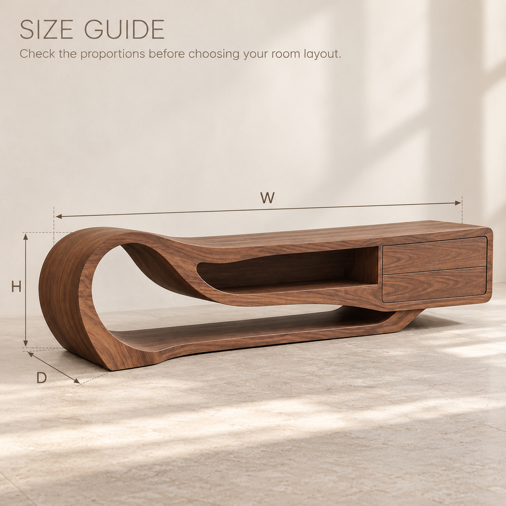 Driftwood Sculptural Solid Wood TV Stand - Design 184 - size guide
