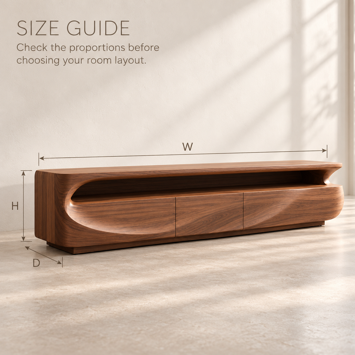 Elmstead Sculptural Solid Wood TV Stand - Design 185 - size guide