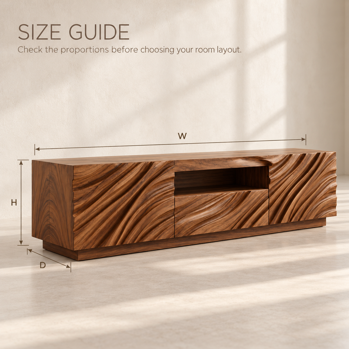 Fenwick Sculptural Solid Wood TV Stand - Design 186 - size guide