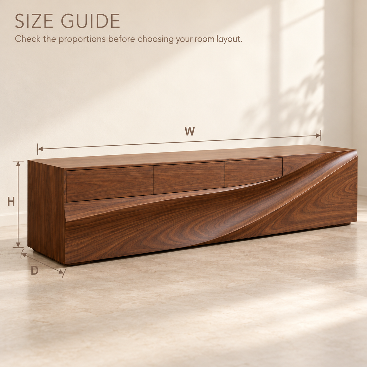 Greenmere Sculptural Solid Wood TV Stand - Design 187 - size guide