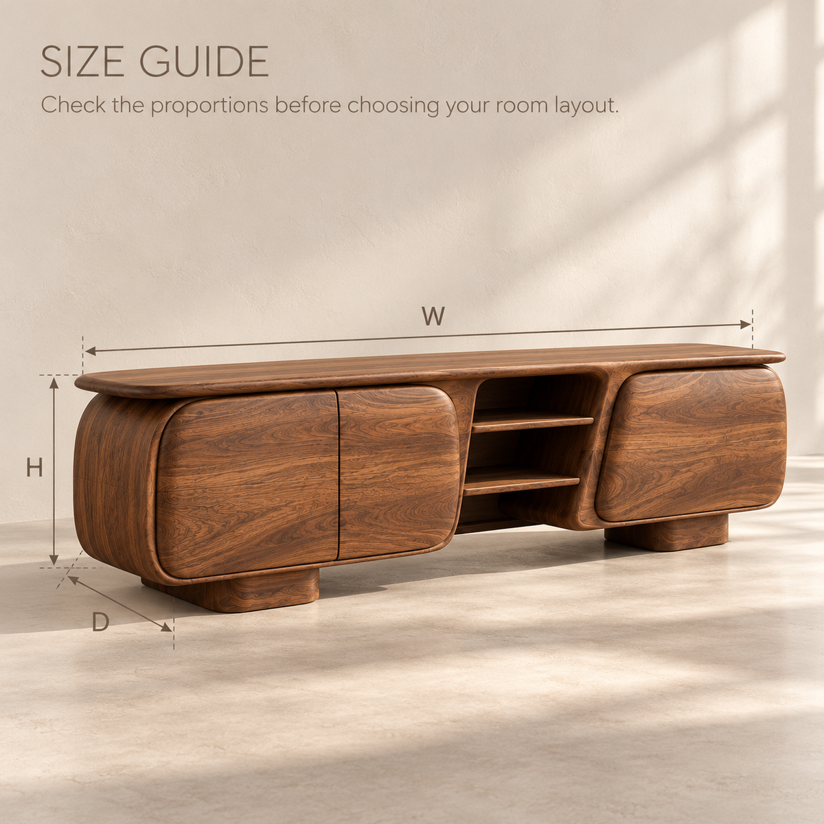 Kestrel Sculptural Solid Wood TV Stand - Design 190 - size guide
