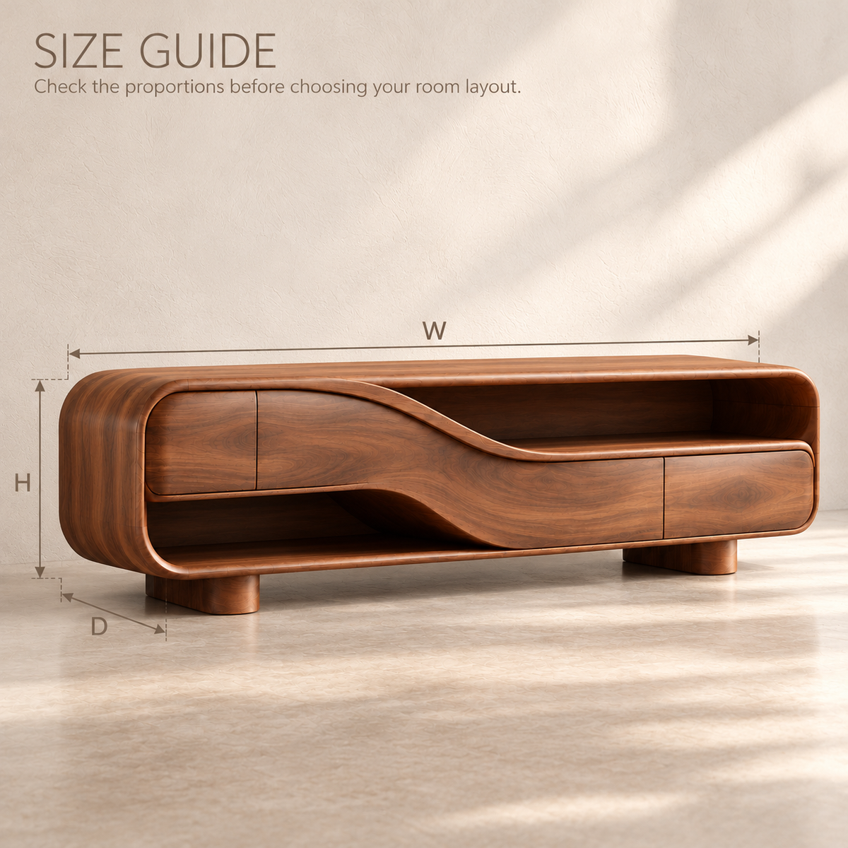 Maplehurst Sculptural Solid Wood TV Stand - Design 192 - size guide