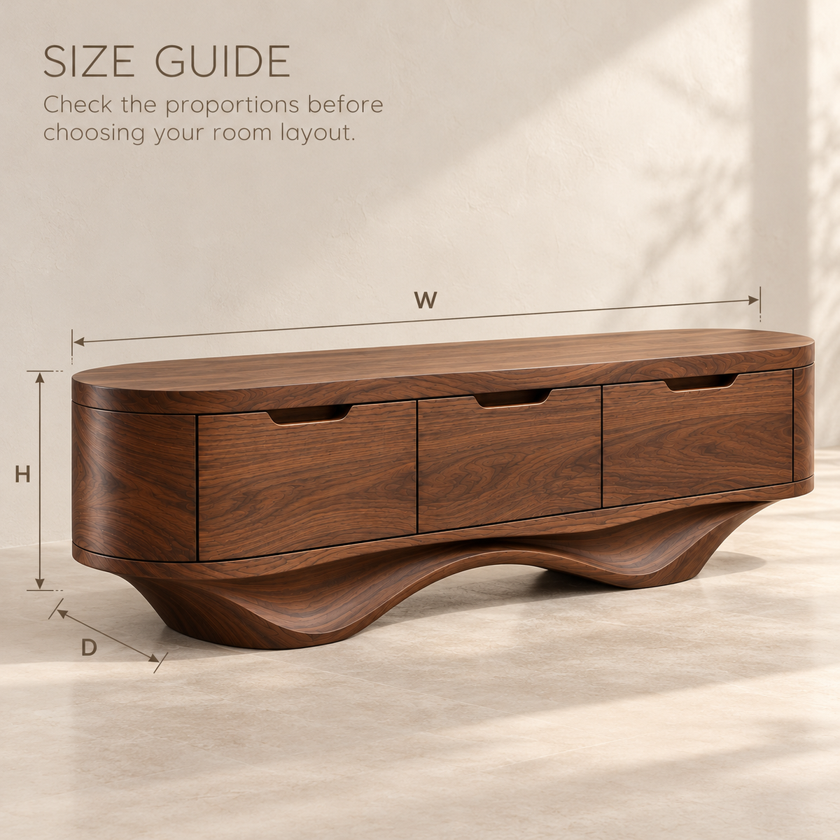 Silverton Sculptural Solid Wood TV Stand - Design 197 - size guide
