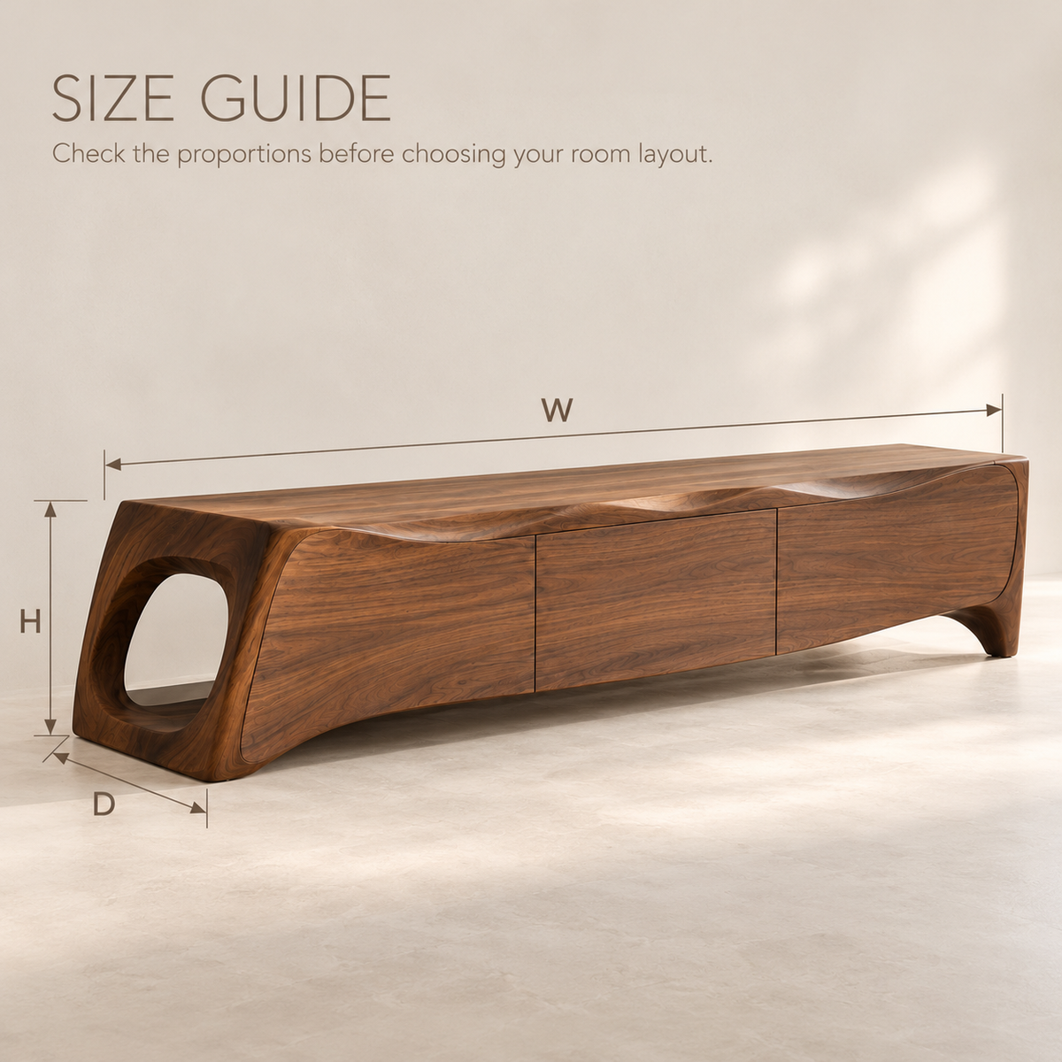 Umberley Sculptural Solid Wood TV Stand - Design 199 - size guide