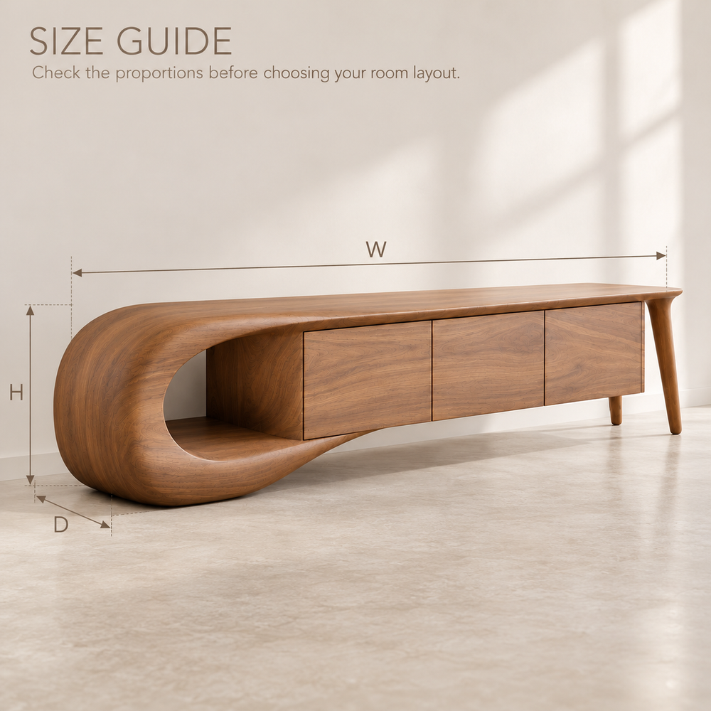 Willowmere Sculptural Solid Wood TV Stand - Design 200 - size guide