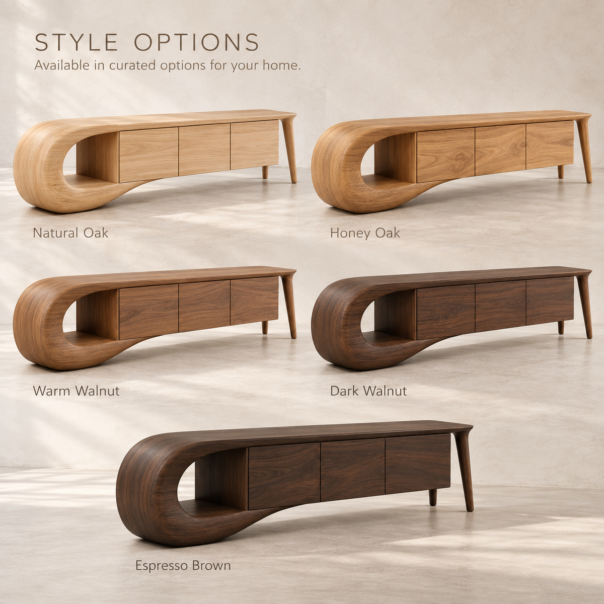 Willowmere Sculptural Solid Wood TV Stand - Design 200 - wood finish options