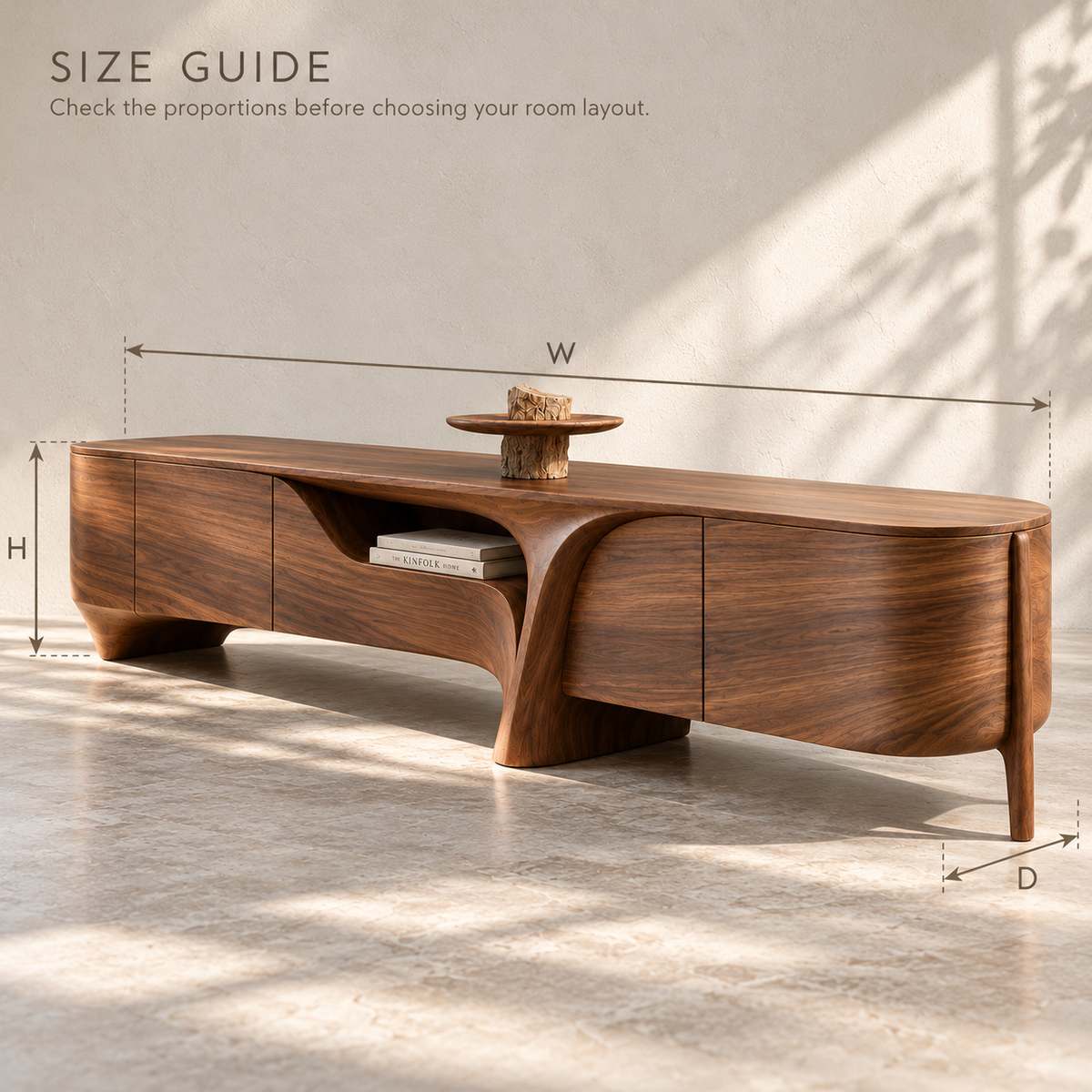 Yarrow Sculptural Solid Wood TV Stand - Design 201 - size guide