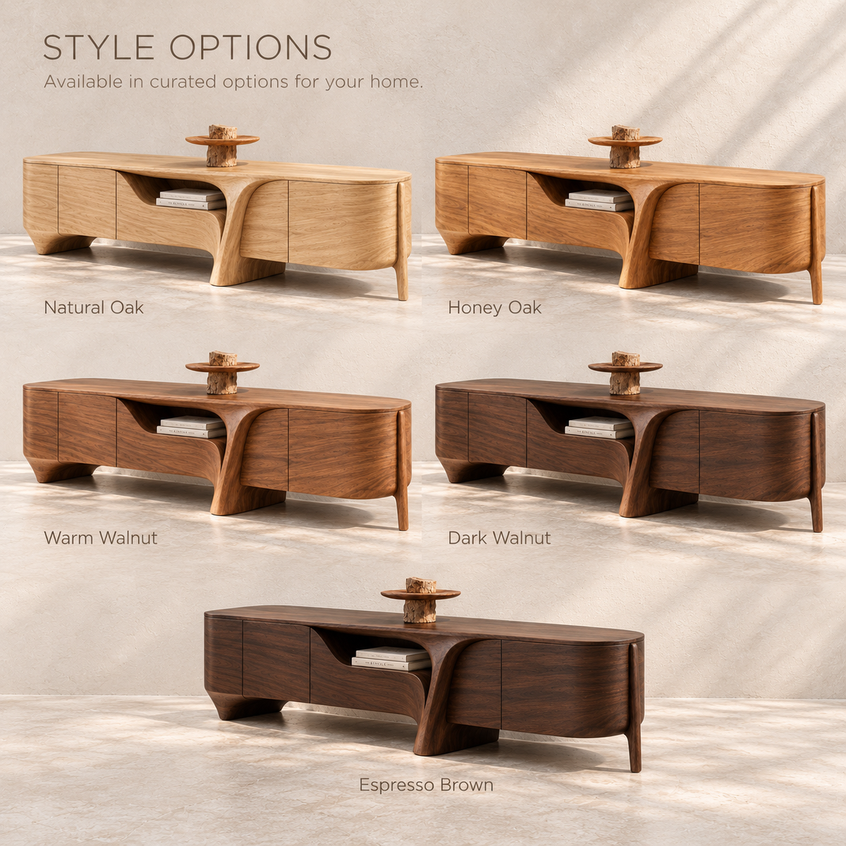 Yarrow Sculptural Solid Wood TV Stand - Design 201 - wood finish options