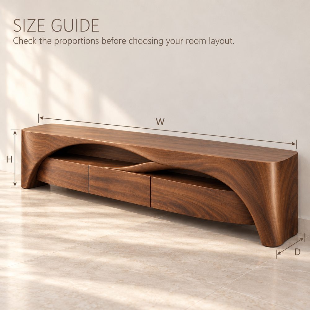 Woodhaven Sculptural Solid Wood TV Stand - Design 202 - size guide