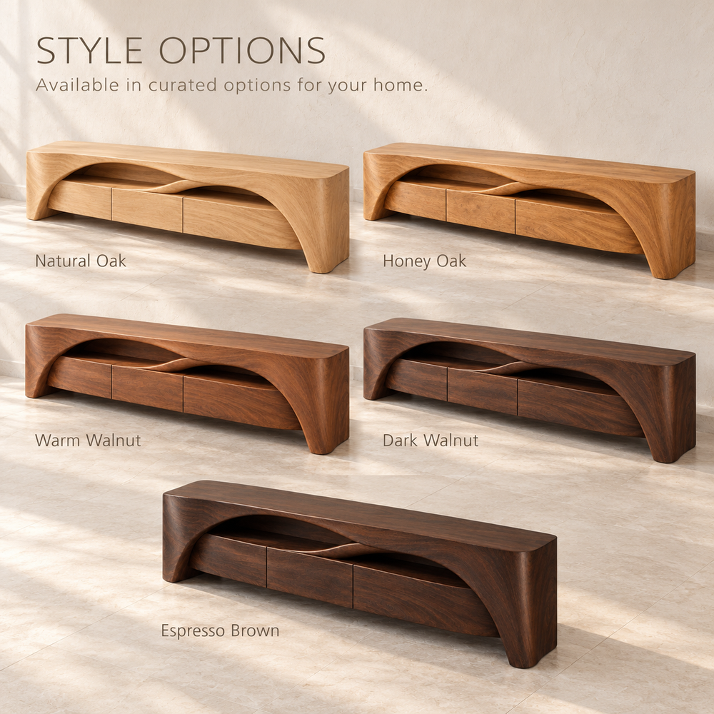 Woodhaven Sculptural Solid Wood TV Stand - Design 202 - wood finish options