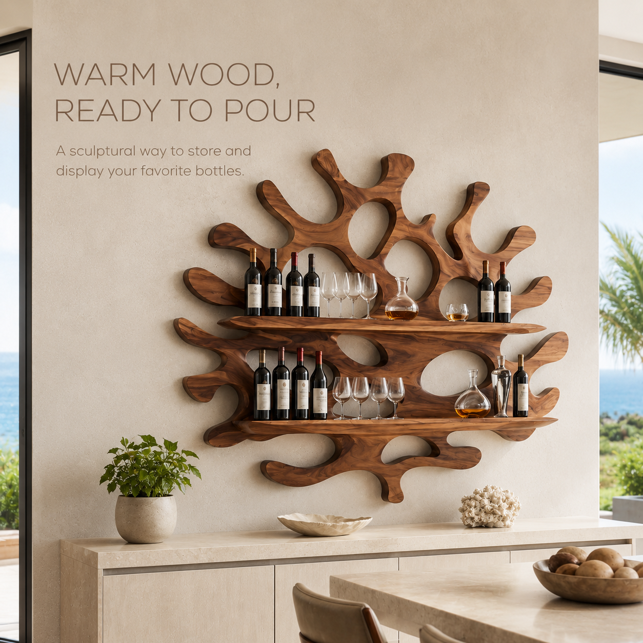 Solid Wood Wall Wine Rack with Glass Holder - 5 Bottle - Cellular - product image 02