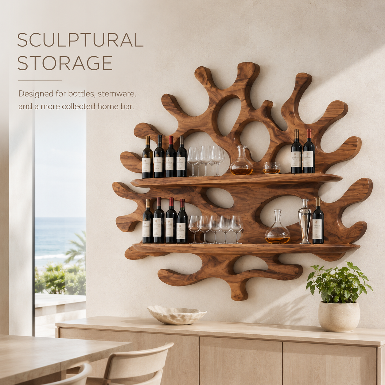 Solid Wood Wall Wine Rack with Glass Holder - 5 Bottle - Cellular - product image 03