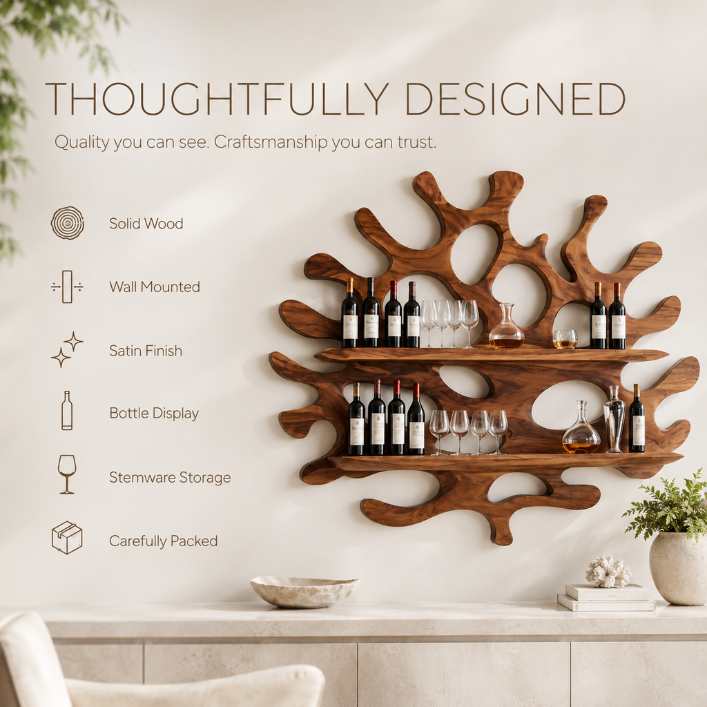 Solid Wood Wall Wine Rack with Glass Holder - 5 Bottle - Cellular - product image 09