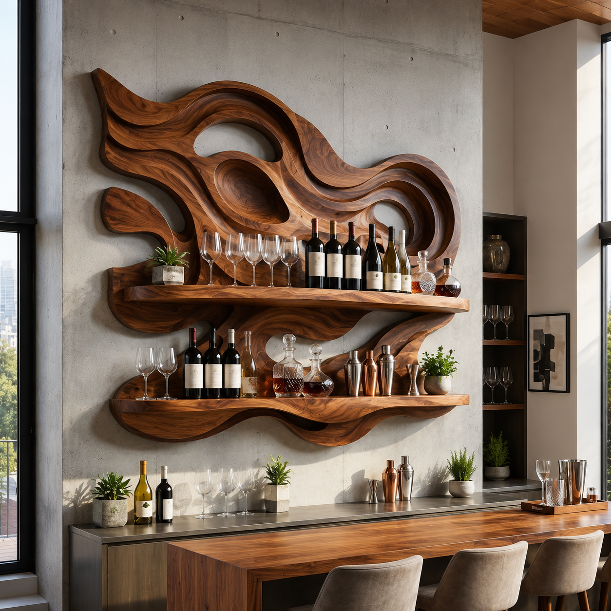 Solid Wood Wall Wine Rack with Glass Holder - 5 Bottle - Branch Form - main view