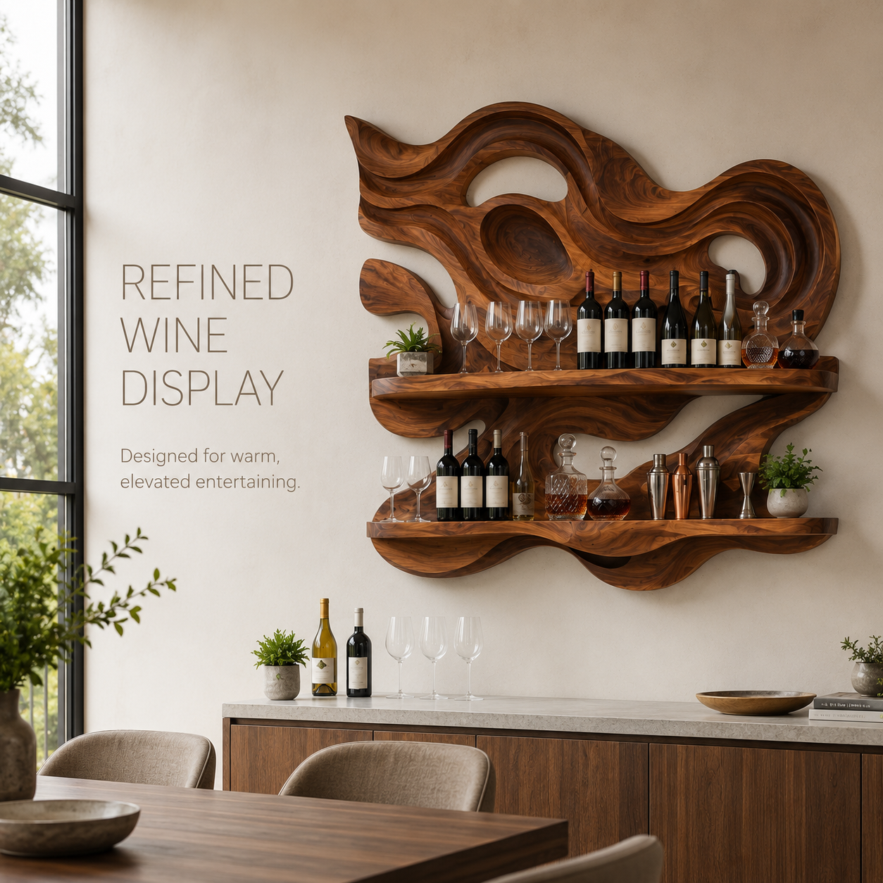 Solid Wood Wall Wine Rack with Glass Holder - 5 Bottle - Branch Form - product image 02