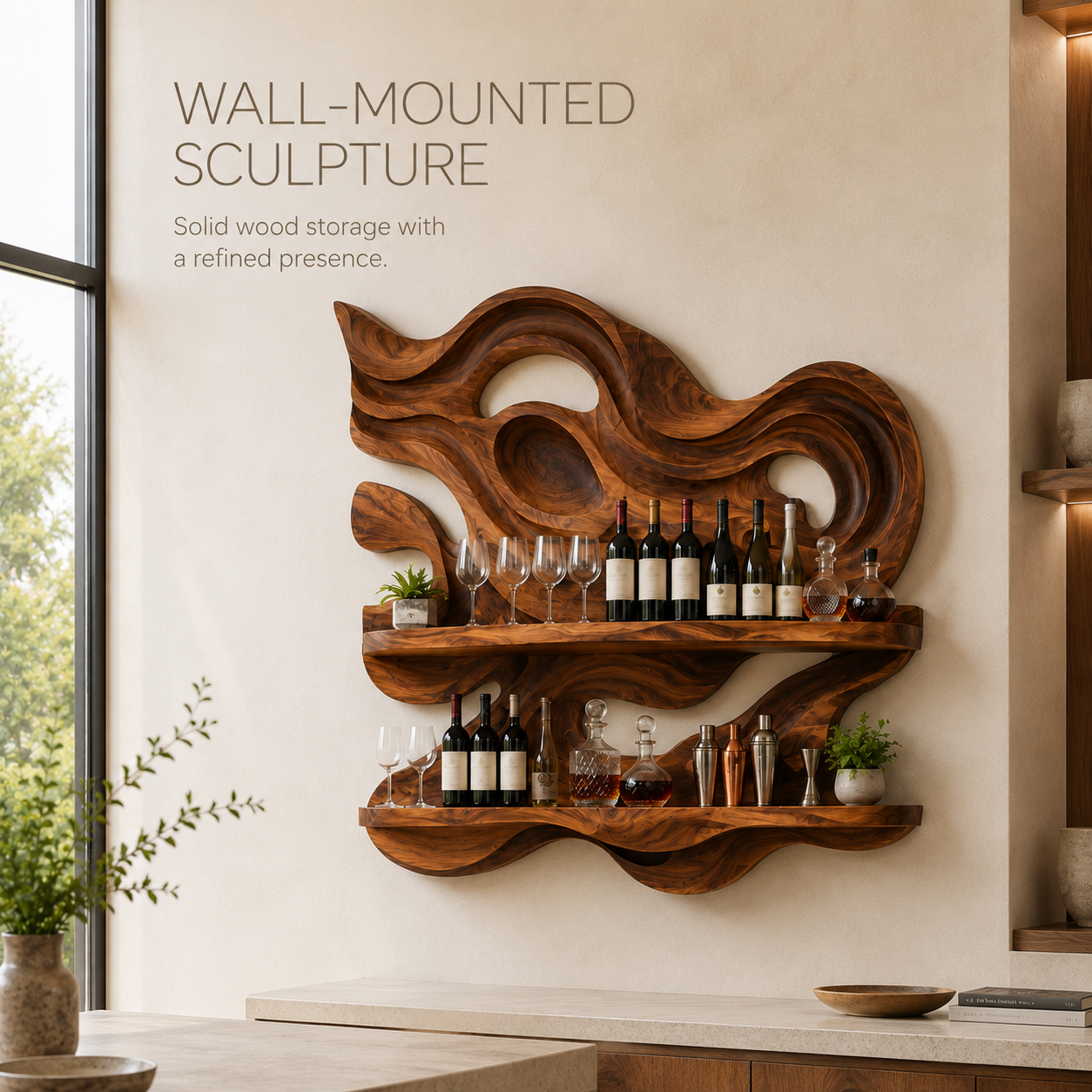 Solid Wood Wall Wine Rack with Glass Holder - 5 Bottle - Branch Form - product image 03