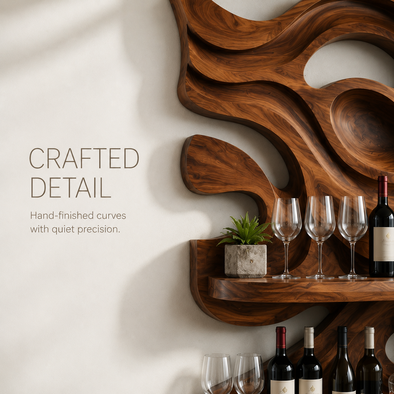 Solid Wood Wall Wine Rack with Glass Holder - 5 Bottle - Branch Form - product image 06