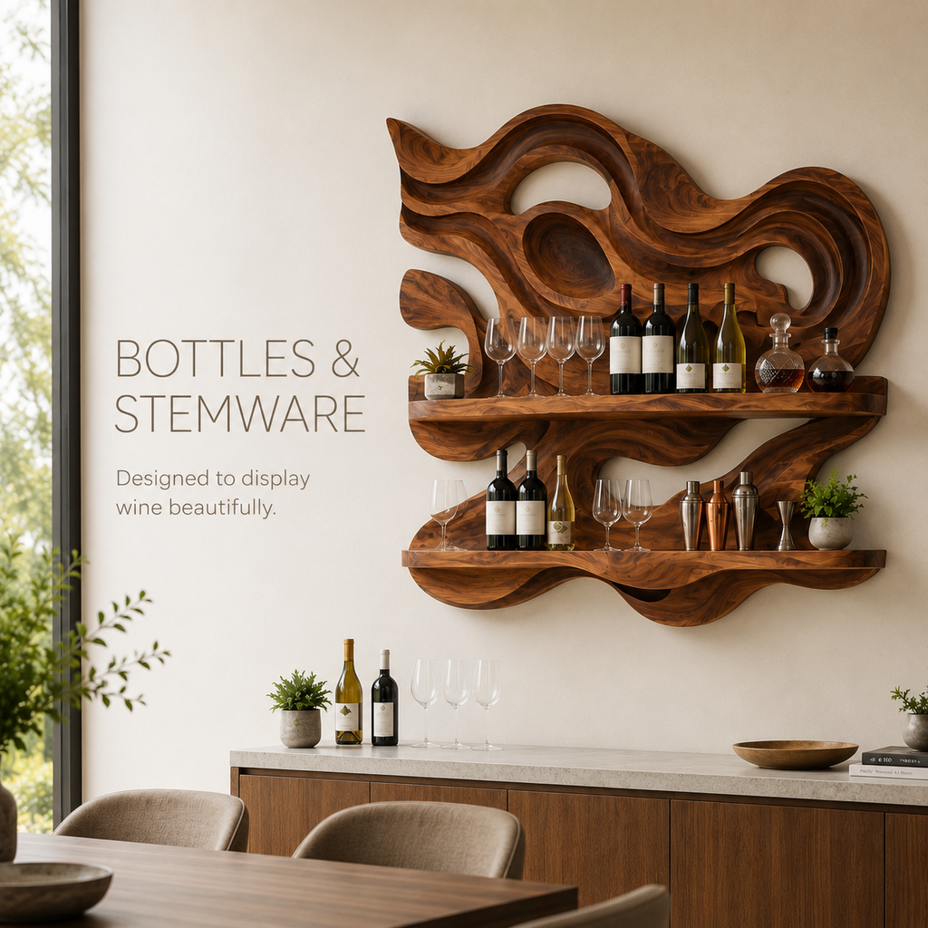 Solid Wood Wall Wine Rack with Glass Holder - 5 Bottle - Branch Form - product image 07