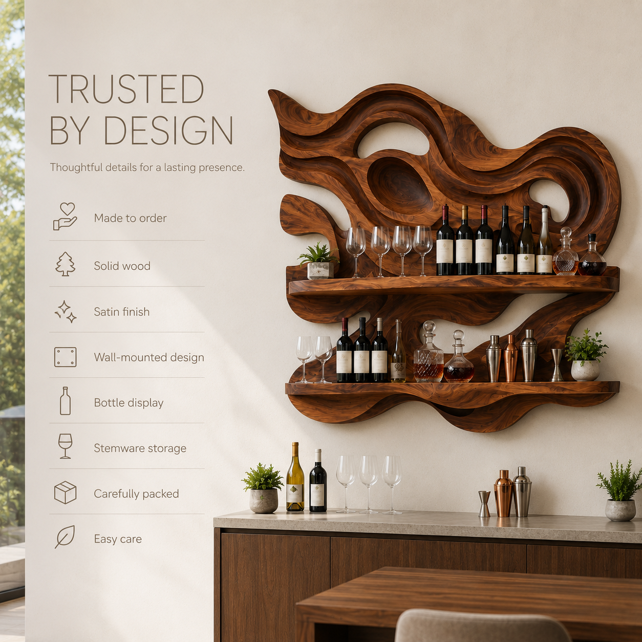 Solid Wood Wall Wine Rack with Glass Holder - 5 Bottle - Branch Form - product image 09
