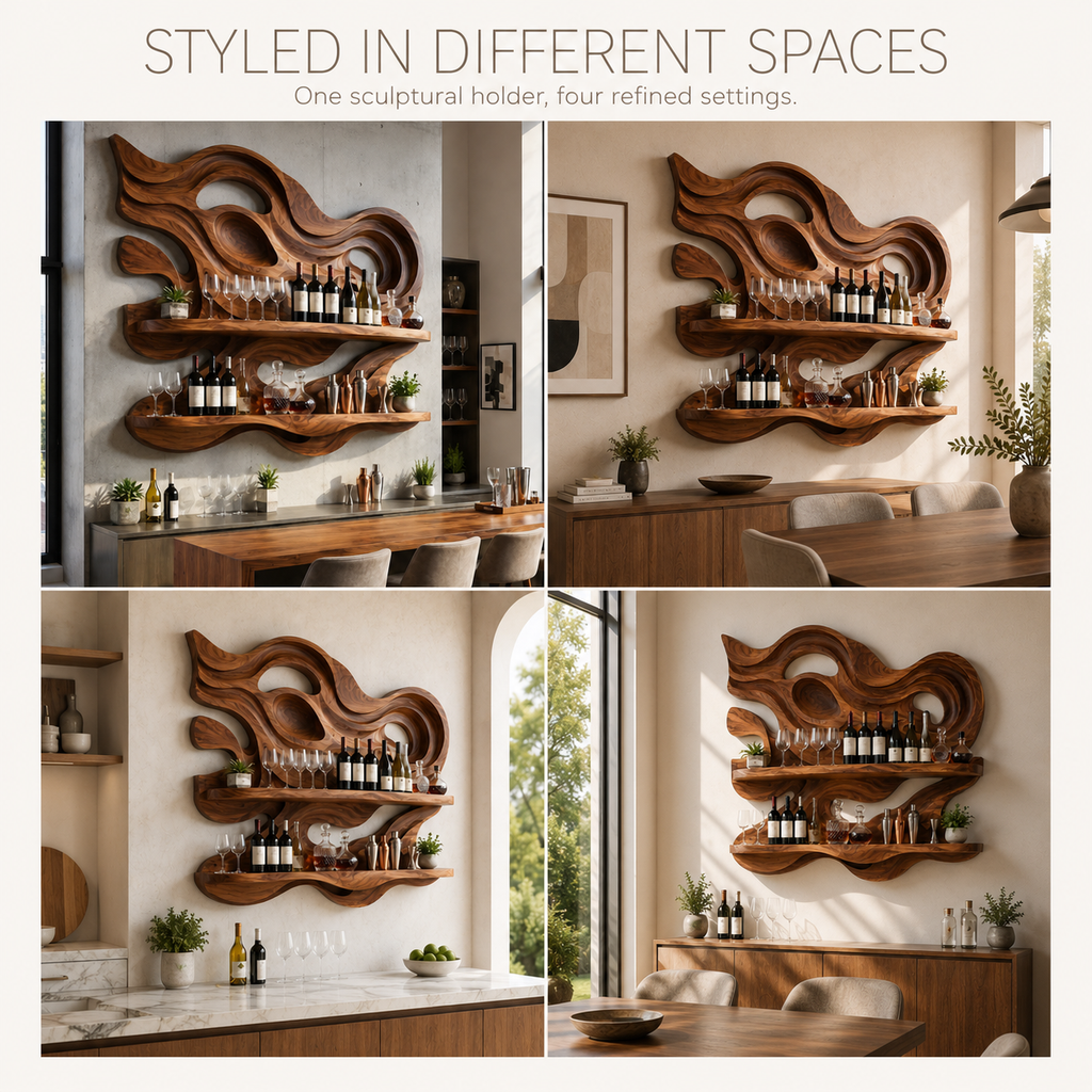Solid Wood Wall Wine Rack with Glass Holder - 5 Bottle - Branch Form - product image 10