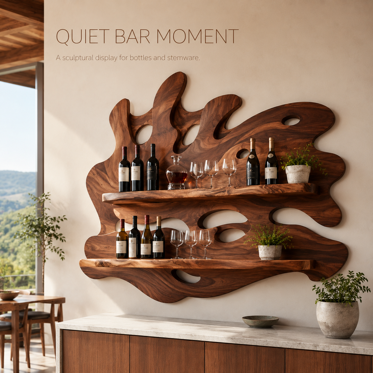Solid Wood Wall Wine Rack with Glass Holder - 5 Bottle - Crescent - product image 02