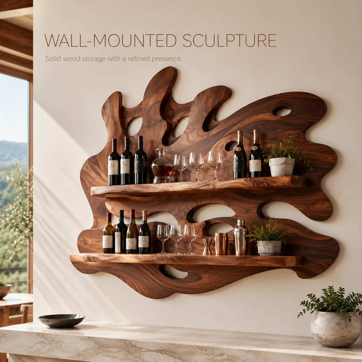 Solid Wood Wall Wine Rack with Glass Holder - 5 Bottle - Crescent - product image 03